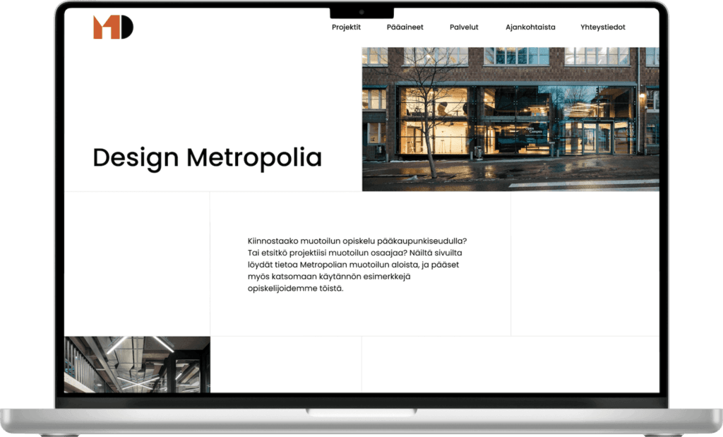 Design Metropolia -verkkosivun etusivunäkymä kannettavan tietokoneen ruudulla.