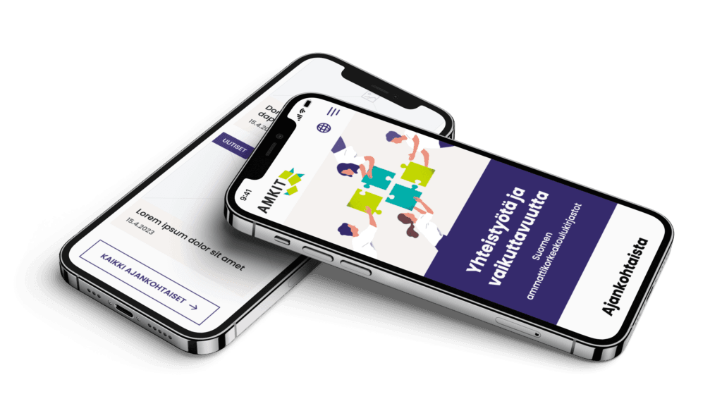 AMKIT-konsortion verkkosivujen mobiilinäkymä kahden puhelimen ruudulla.