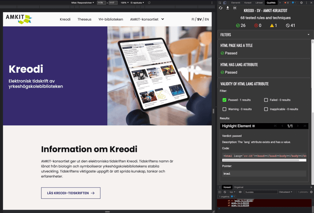 Näyttökuva saavutettavuustarkastuksesta QualWeb-työkalulla.